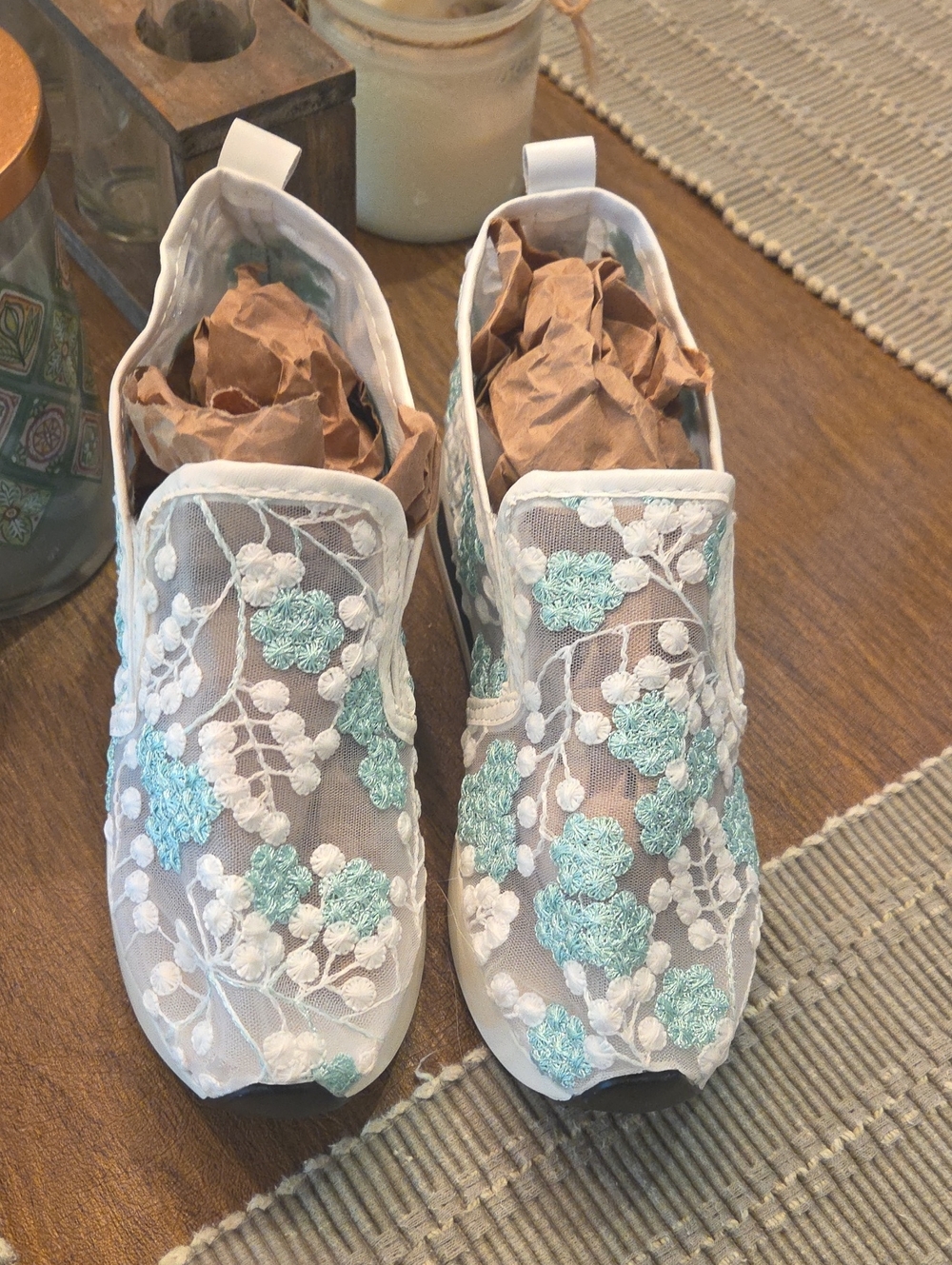 Womens White Slip-On Sneakers with Aqua Floral Lace